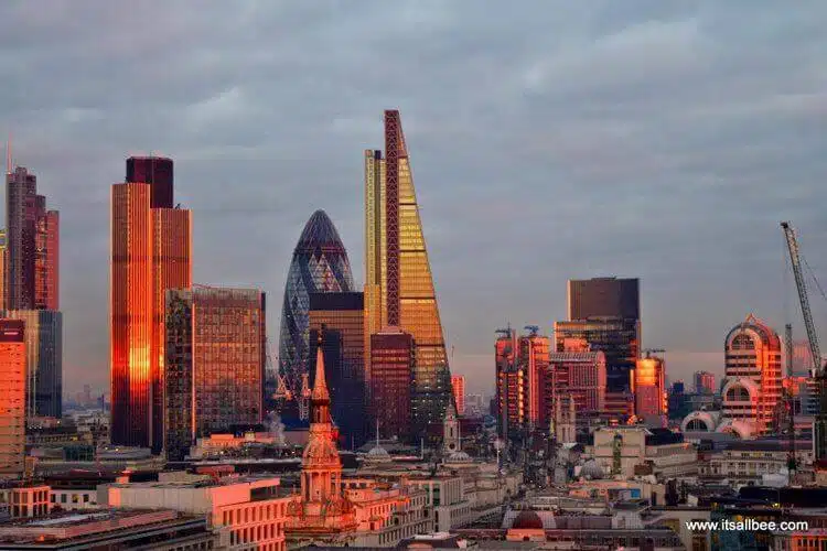 View of Londons Skyline At Sunset From St Pauls Cathedral.