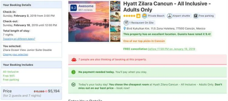 Hyatt Zilara Cancun V. Booking