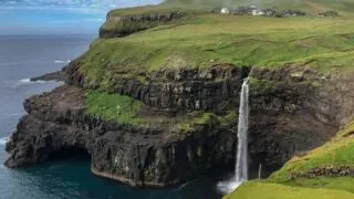 Mulafossur in Gasadalur hike on Vagar faroe islands waterfall