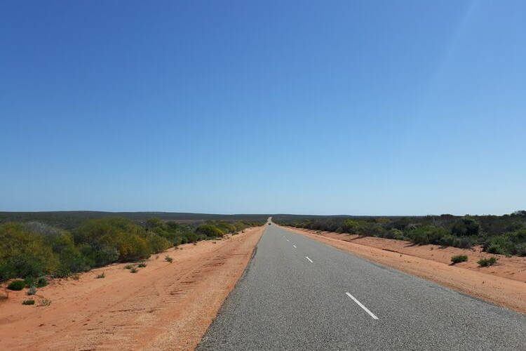 Un Lungo Tratto Di Autostrada In Australia Due Viaggiatori Alti Che Vivono Sulla Strada