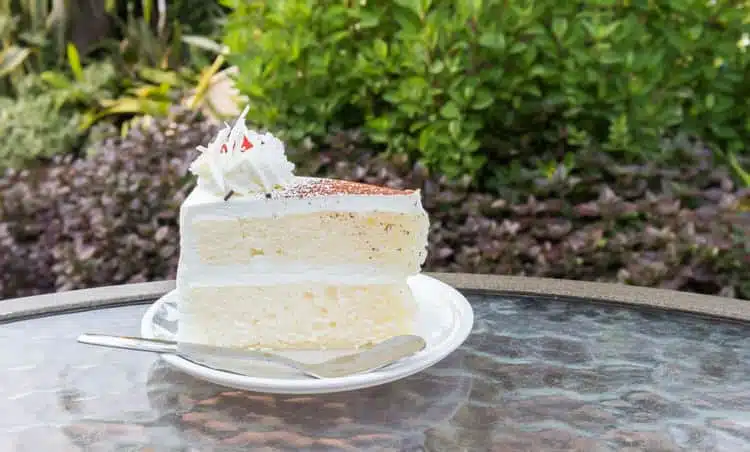 Closeup Milk Cake Delicious On Glass Table With Garden Nature Ba